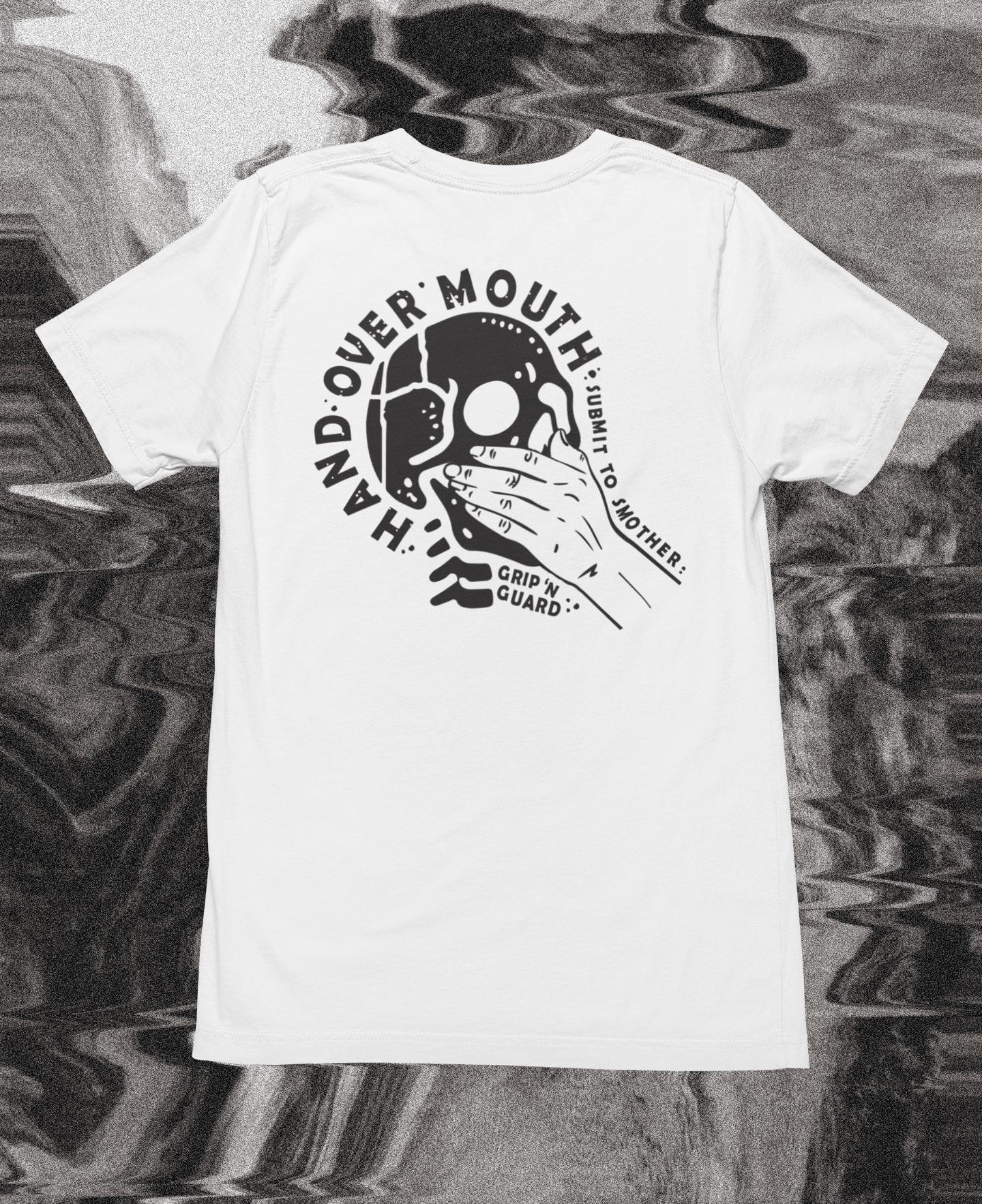 HAND OVER MOUTH SMOTHER WHITE AND BLACK TEE