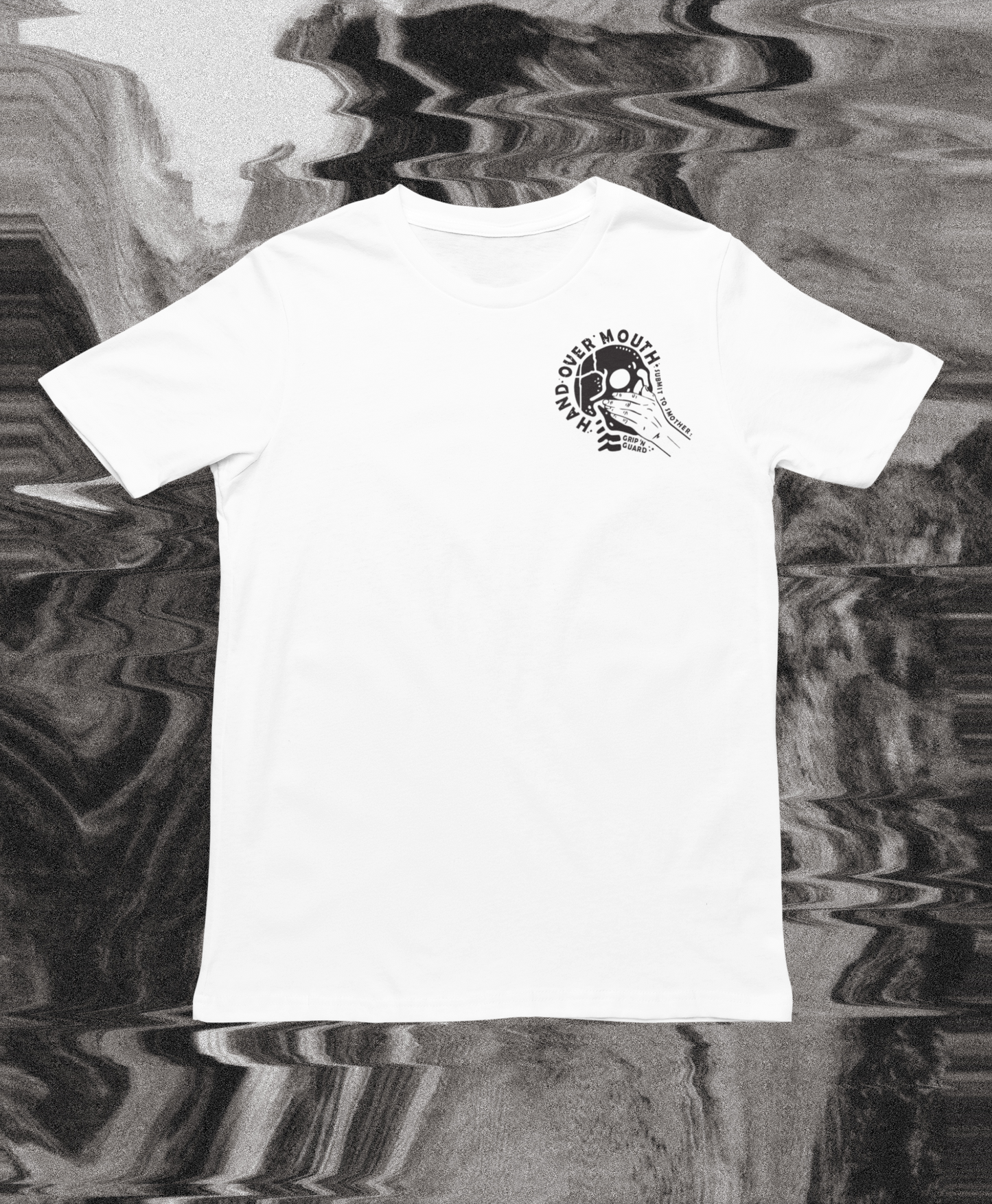 HAND OVER MOUTH SMOTHER WHITE AND BLACK TEE