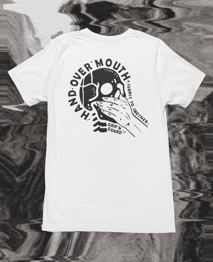 HAND OVER MOUTH SMOTHER WHITE AND BLACK TEE