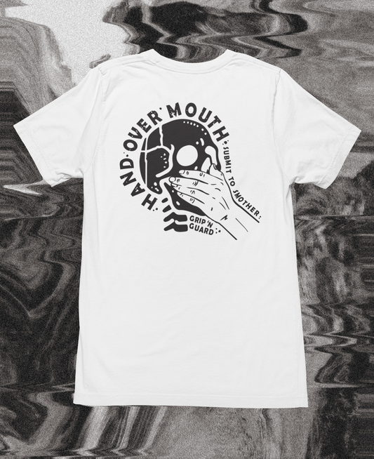 HAND OVER MOUTH SMOTHER WHITE AND BLACK TEE