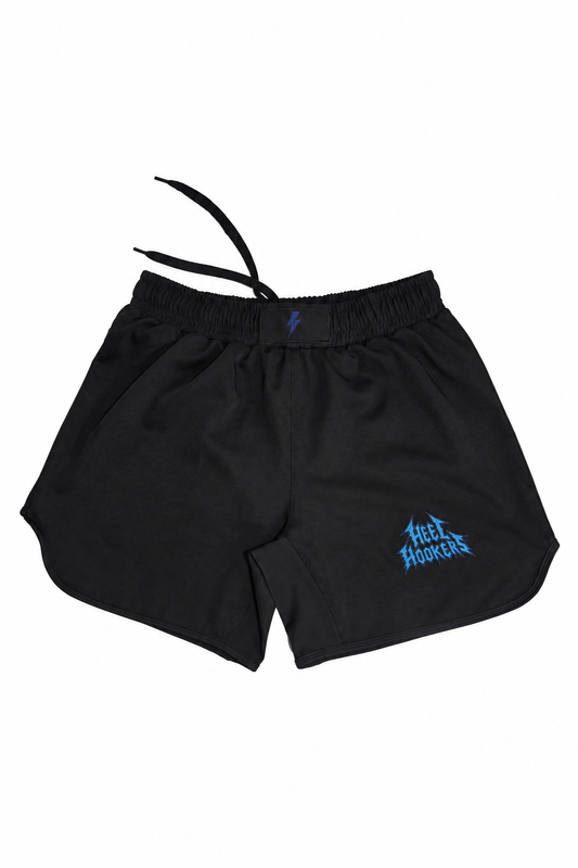 Heel Hookers Blue Fight Shorts — full front view on white