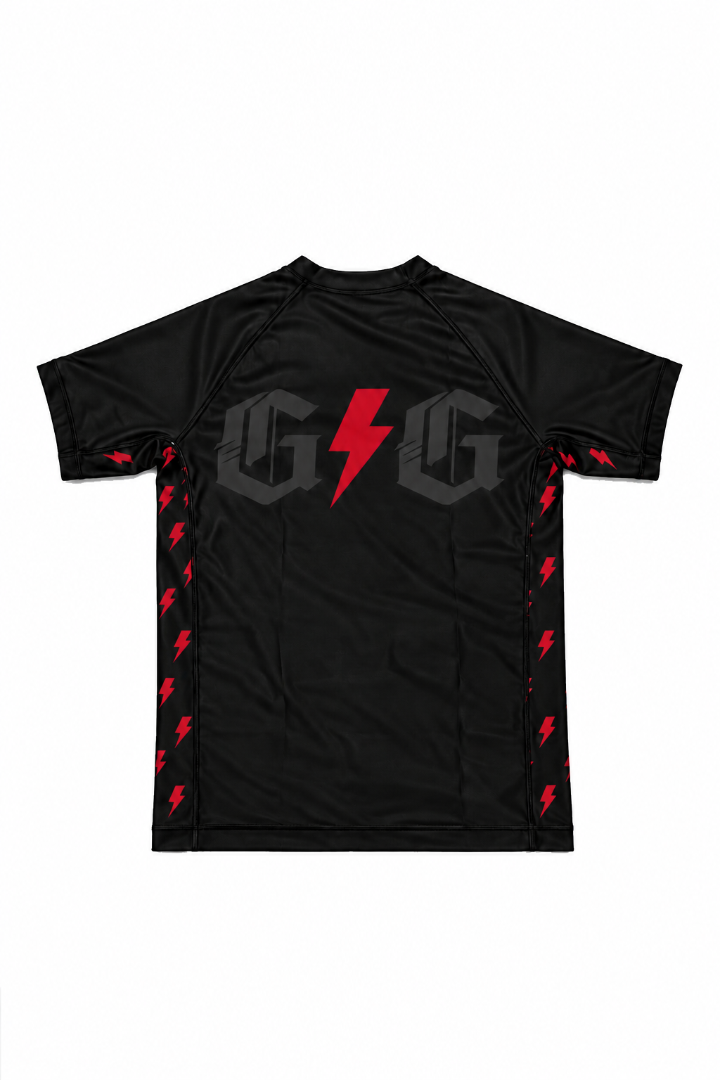 Back of black ranked Lightning rashguard with red lightning accents