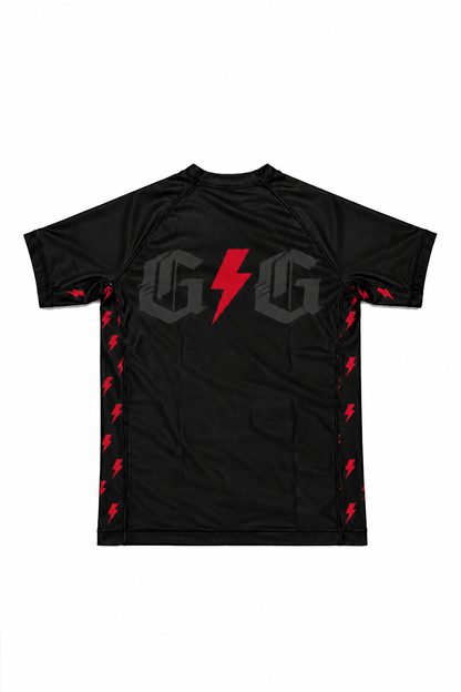 Back of black ranked Lightning rashguard with red lightning accents