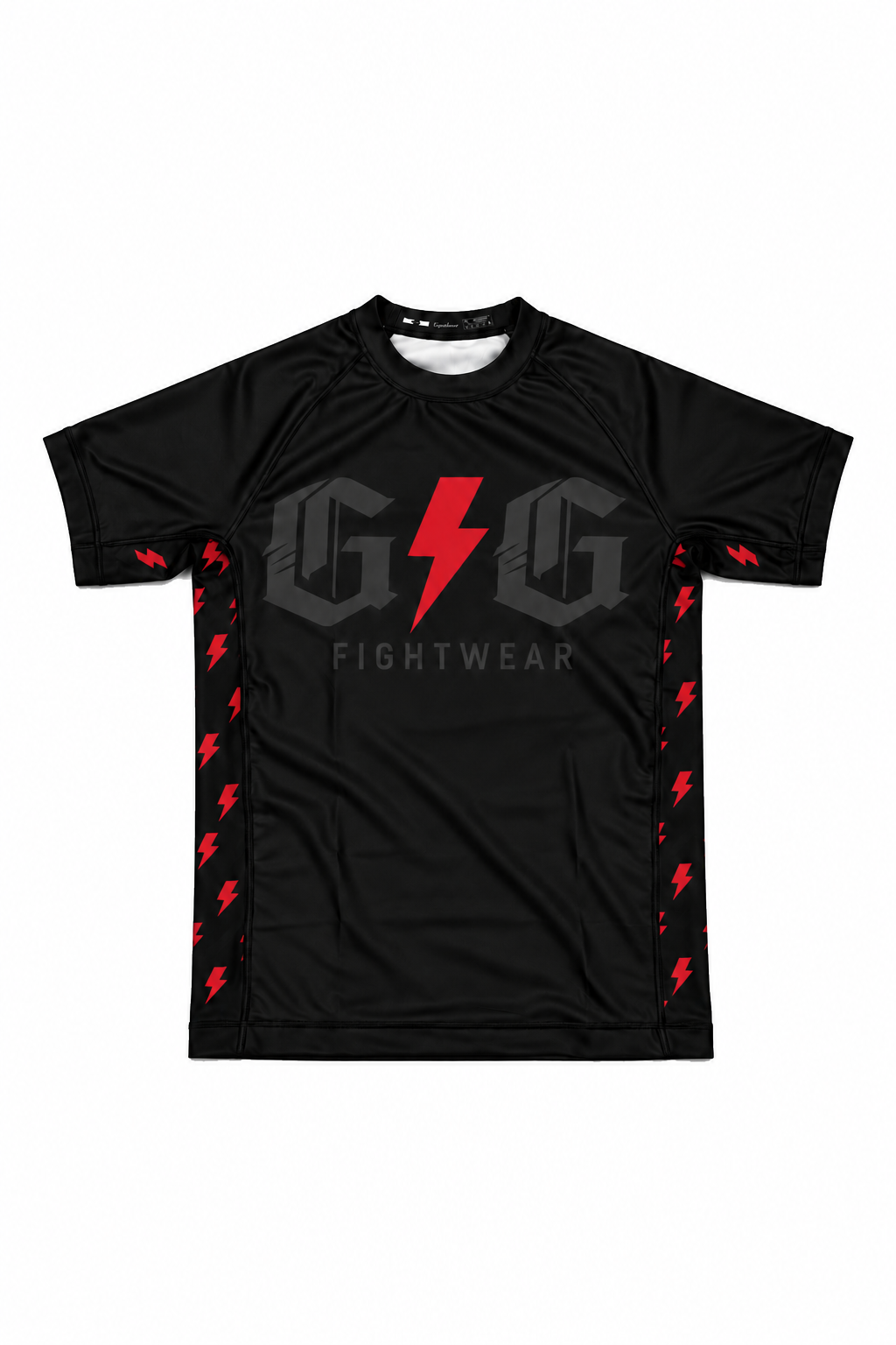 Front of black ranked Lightning rashguard with red lightning accents