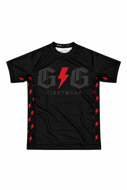 Front of black ranked Lightning rashguard with red lightning accents