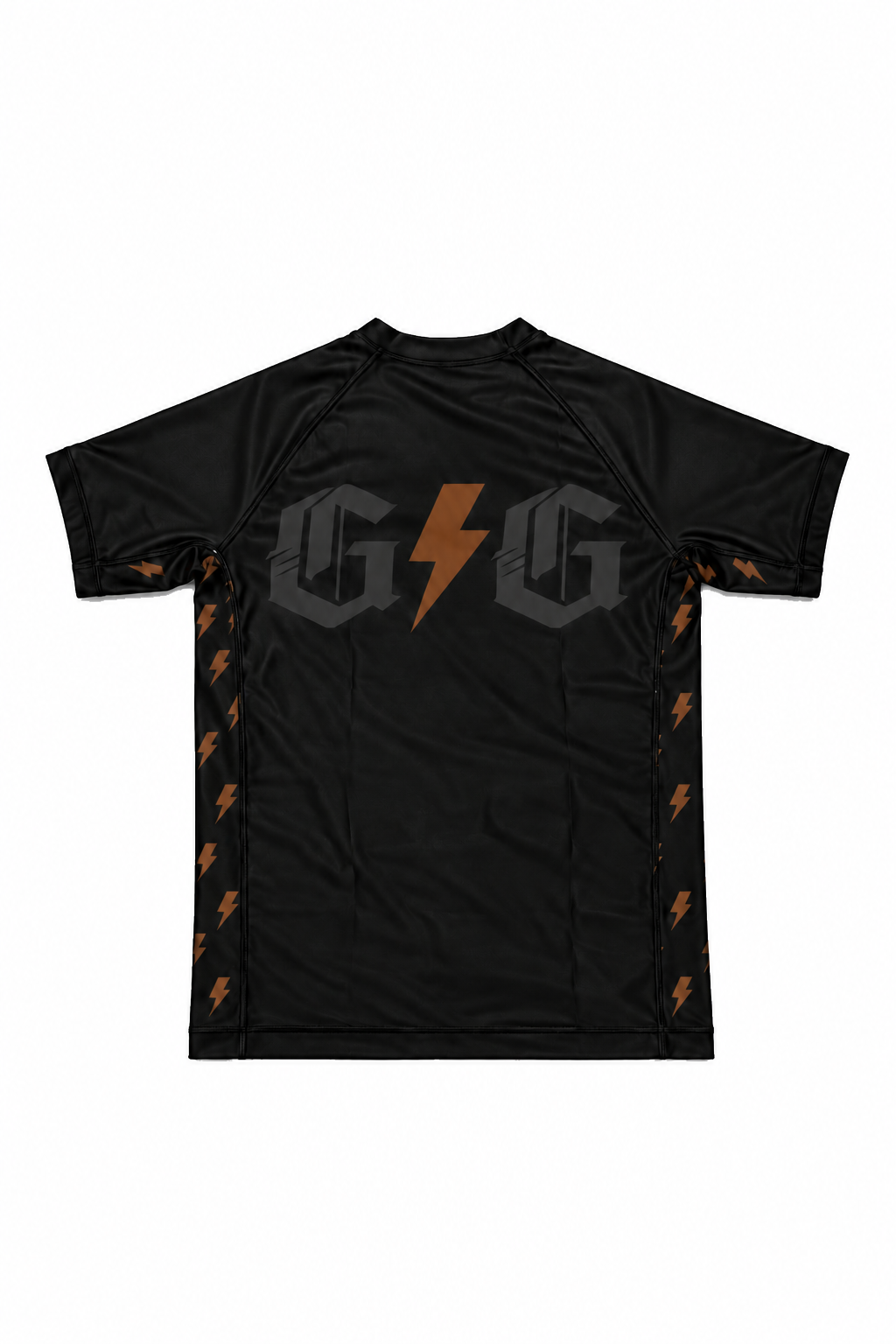 Back of brown ranked Lightning rashguard with brown lightning accents
