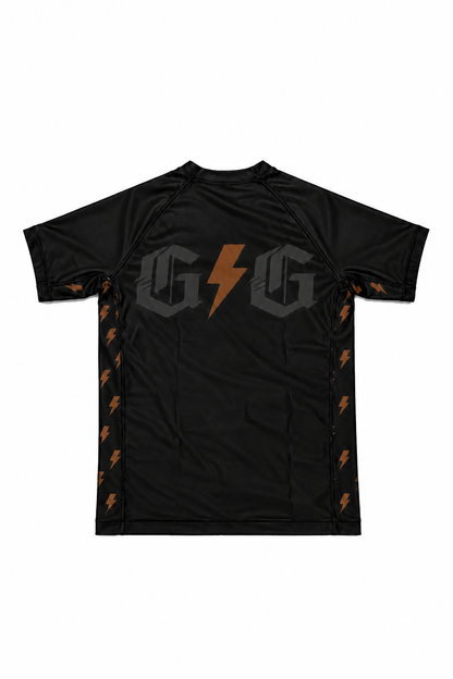 Back of brown ranked Lightning rashguard with brown lightning accents