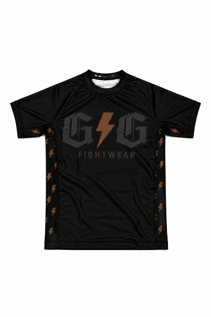 Front of brown ranked Lightning rashguard with brown lightning accents
