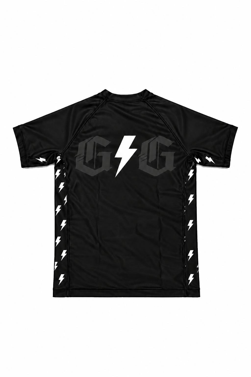 Back of white ranked Lightning rashguard with white lightning accents