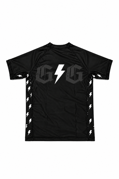 Back of white ranked Lightning rashguard with white lightning accents