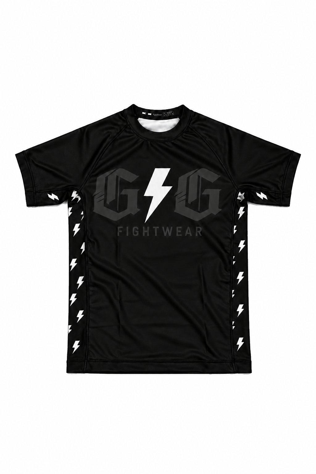 Front of white ranked Lightning rashguard with white lightning accents