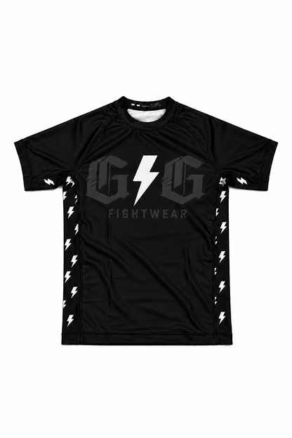 Front of white ranked Lightning rashguard with white lightning accents