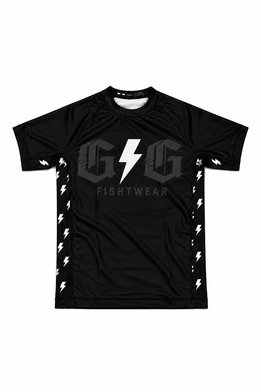 Front of white ranked Lightning rashguard with white lightning accents