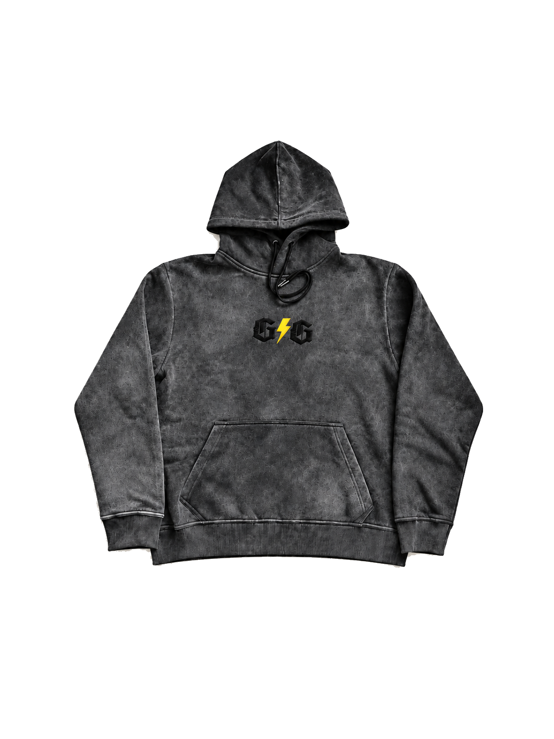 Front of grey acid-wash Grip ’N Guard hoodie with yellow lightning logo